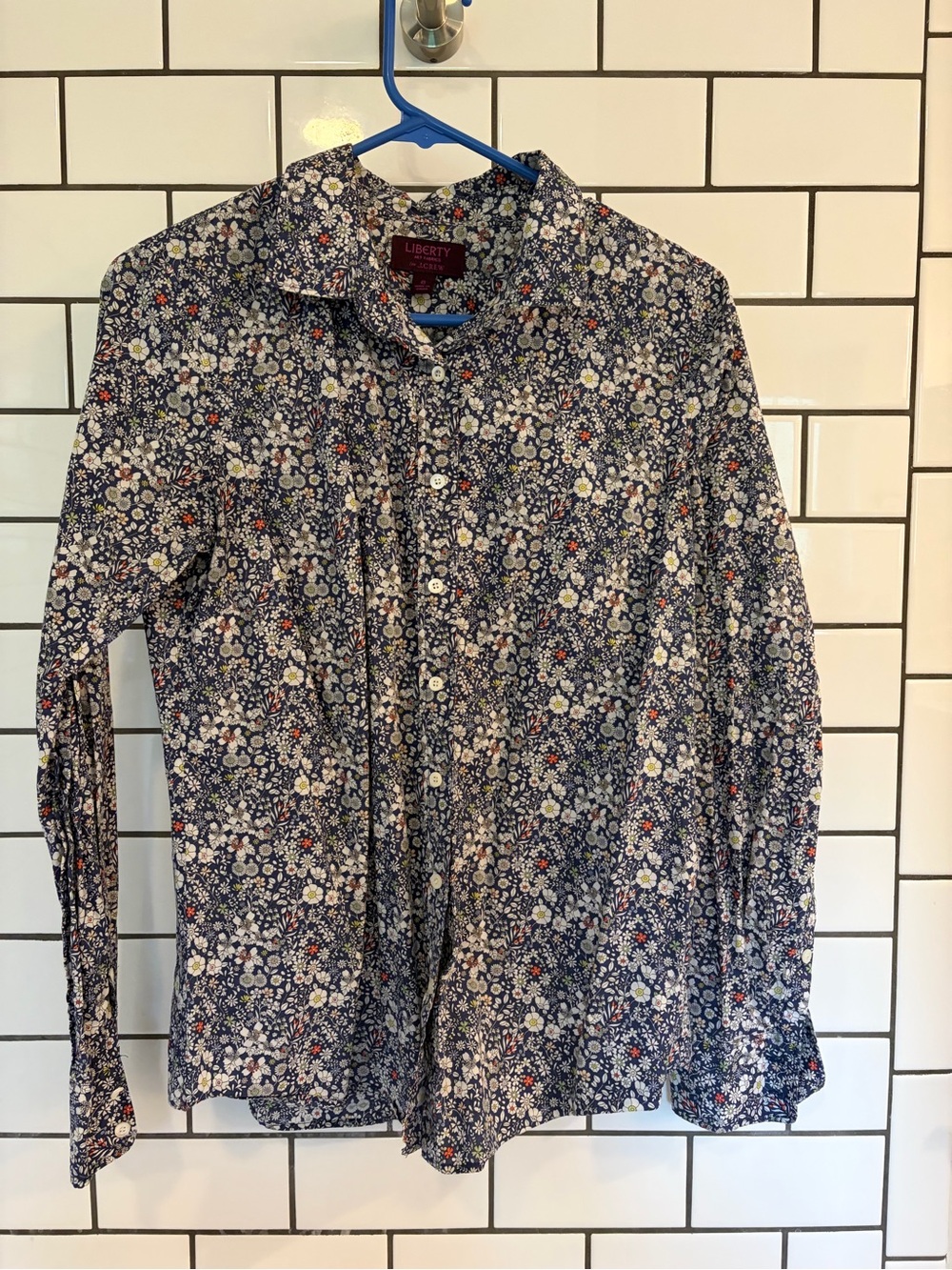J. Crew Navy Floral Button-Down Shirt with White and Red Accents